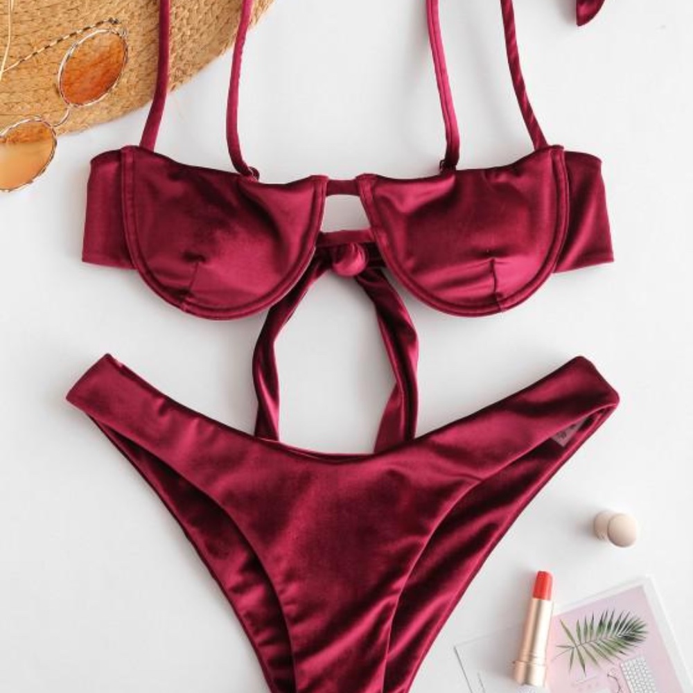ZAFUL Underwire Velvet Balconette Bikini Set - Red Wine
